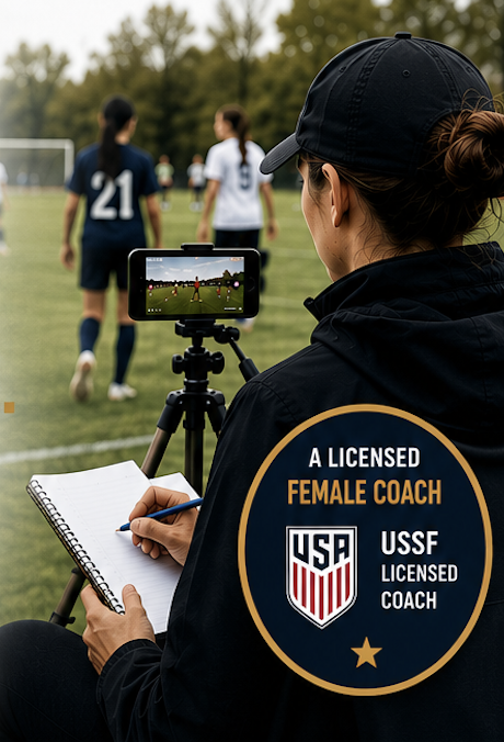 Coach recording and analyzing a youth soccer game with tablet on tripod